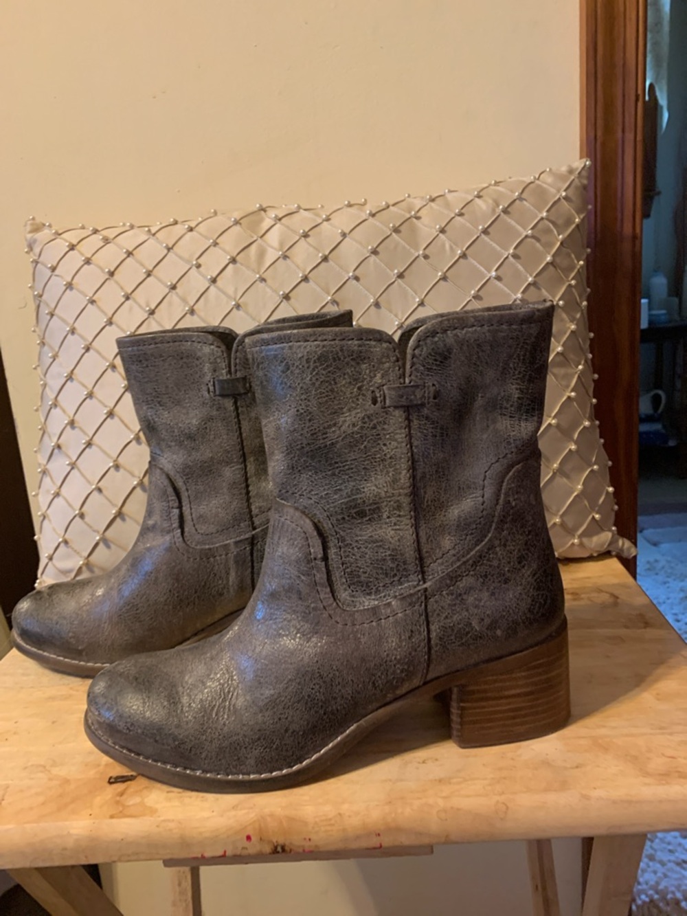 Women's Distressed Grey Mid-Calf Block Heel Booties -